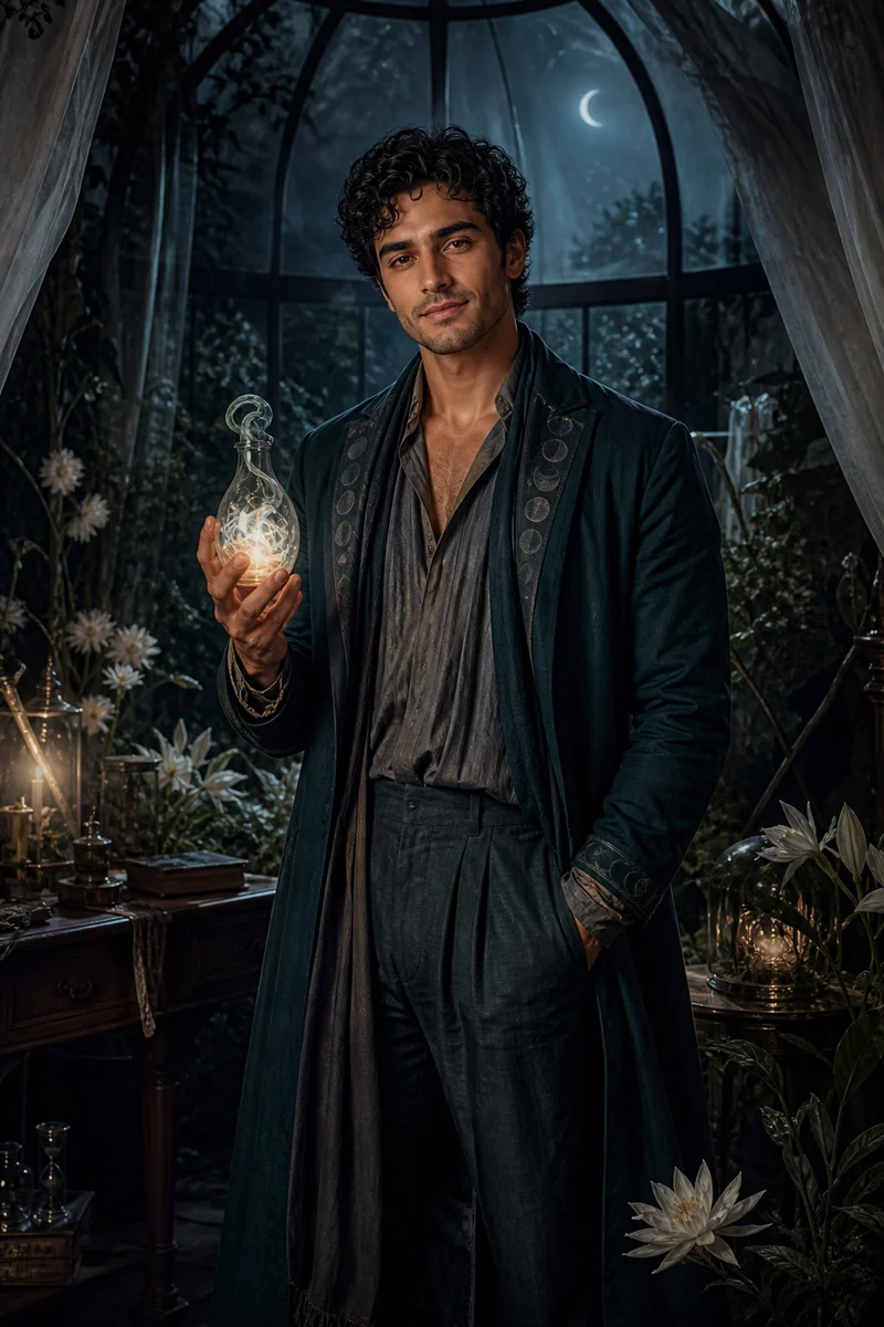 Elio in a moonlit conservatory holding a luminous glass vessel