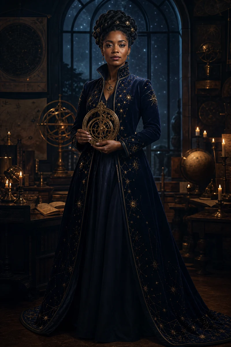 Lyra in a midnight observatory holding an astrolabe