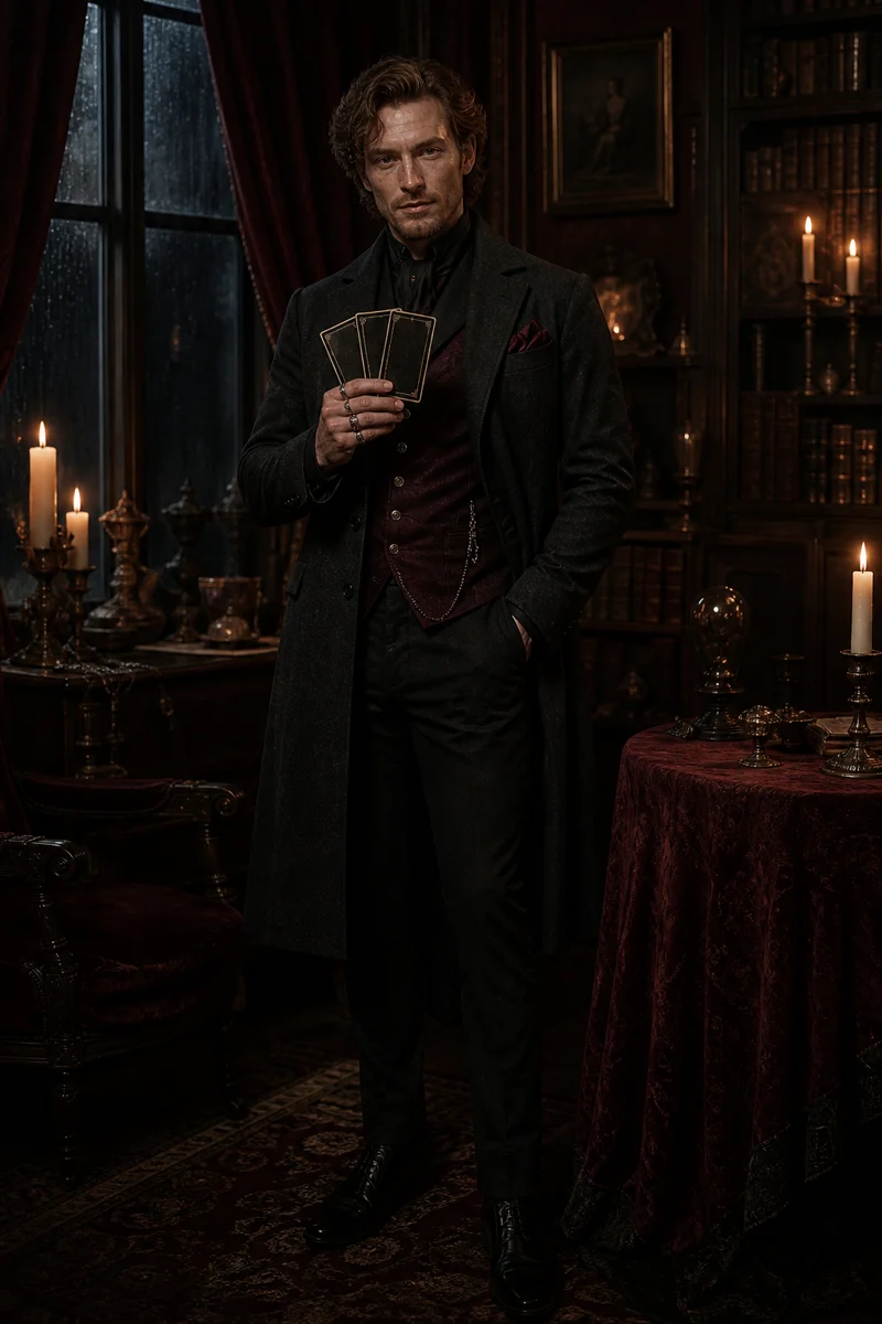 Rowan in a candlelit reading room holding three cards